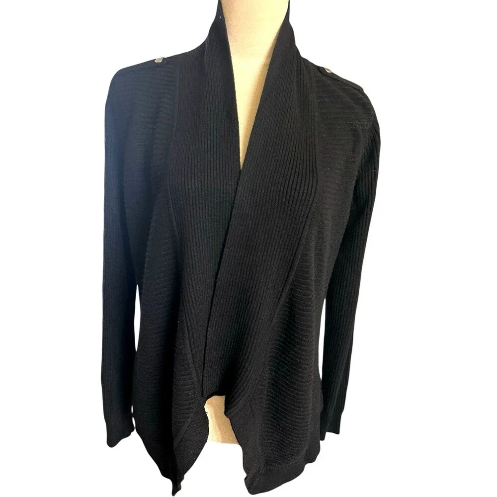 WHBM Wool Blend Black Open Front Ribbed Knit Cardigan Sweater Size M - Picture 2 of 9